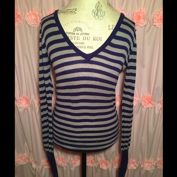 Gray and Navy Blue Striped V- Neck Sweater - Picture 1 of 10